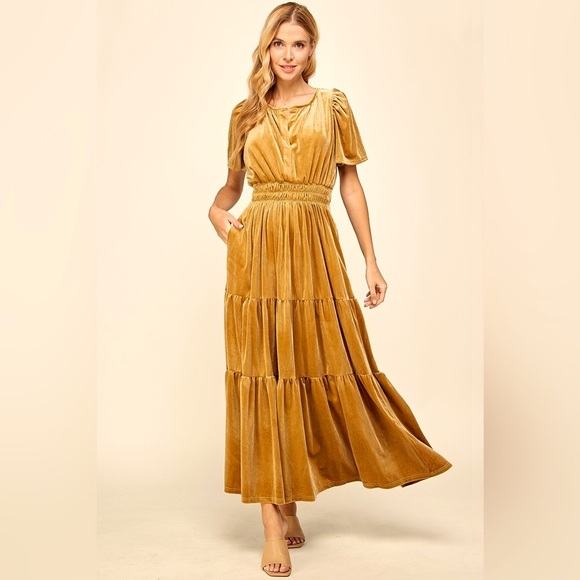 New Gold Velvet Maxi Dress Short Sleeve Formal V-Neck Holiday Gown - Picture 1 of 5
